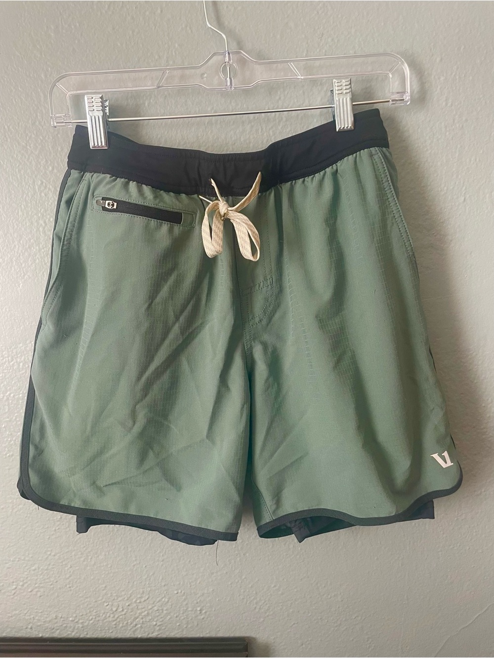 Vuori Men’s Sage Green Athletic Shorts with Black Waistband